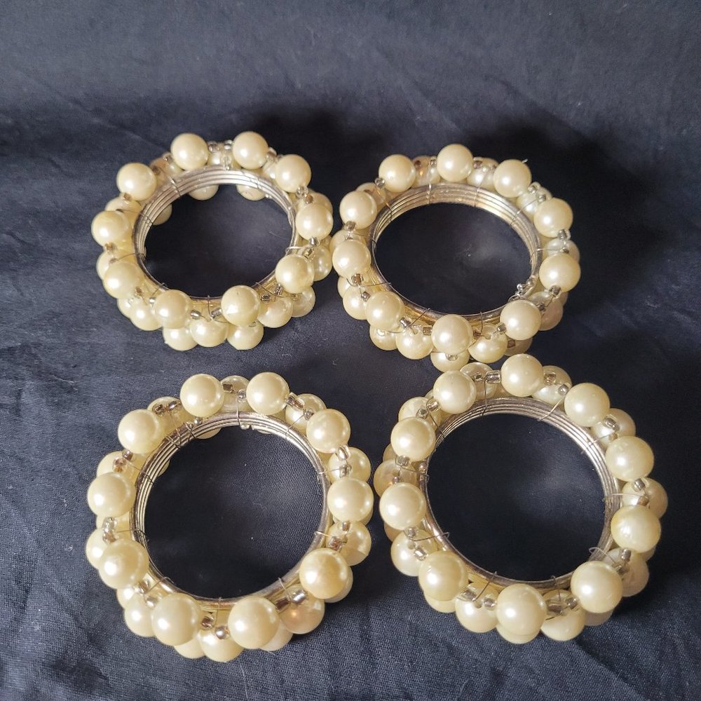 Pearl and Metal Napkin Rings Holders - Set of 4